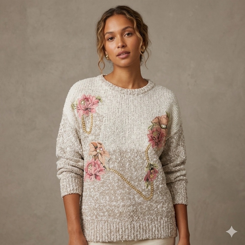 VTG Separate Issue Sweater 20 Beige Floral Applique Pearl Knit Grandma Romantic